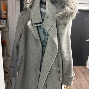 Calvin Klein Women's Gray Trench Coat with Faux Fur Hood